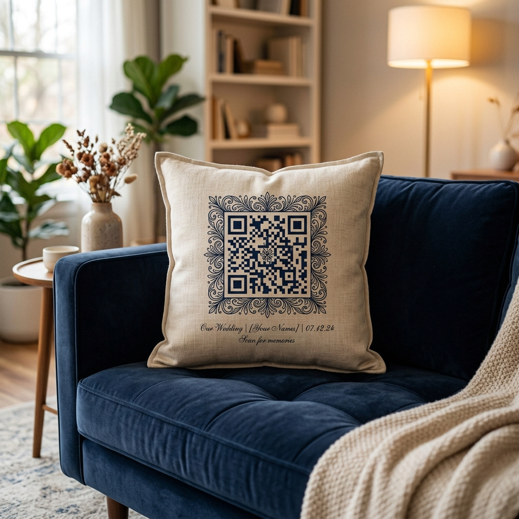 GiftUnlock personalized memory cushion with ornate artistic QR code